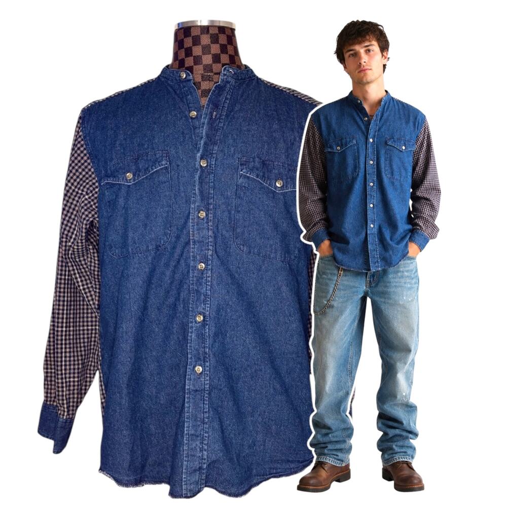 Wrangler Denim Plaid Work Shirt X-Long Tails Size 16 1/2 Large Gingham Western